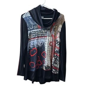 Art by Dolcezza Black Cowl Neck Artistic Print Buttons Size M